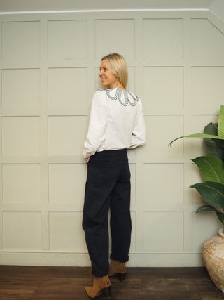 Flora Blouse with Petal Embroidered Collar - White/Navy