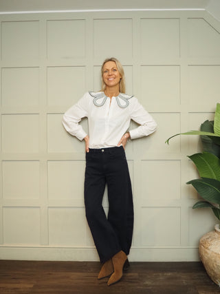 Flora Blouse with Petal Embroidered Collar - White/Navy