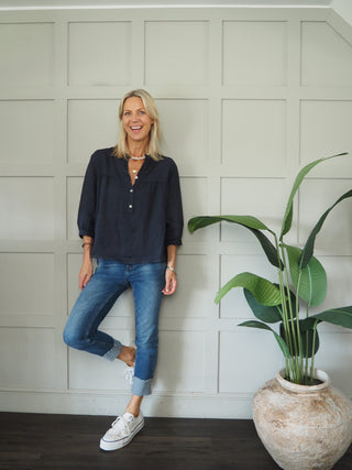 Dominique Linen Blouse with Round Neck and Cropped Sleeves - Coral, Navy Blue, Oatmeal, Pale Pink, Sky Blue, White