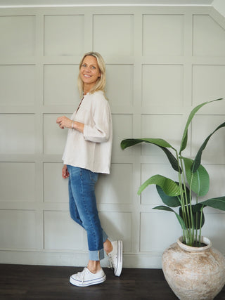 Dominique Linen Blouse with Round Neck and Cropped Sleeves - Coral, Navy Blue, Oatmeal, Pale Pink, Sky Blue, White