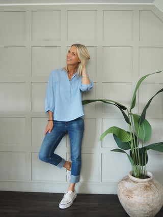 Dominique Linen Blouse with Round Neck and Cropped Sleeves - Coral, Navy Blue, Oatmeal, Pale Pink, Sky Blue, White