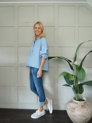 Dominique Linen Blouse with Round Neck and Cropped Sleeves - Coral, Navy Blue, Oatmeal, Pale Pink, Sky Blue, White