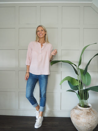 Dominique Linen Blouse with Round Neck and Cropped Sleeves - Coral, Navy Blue, Oatmeal, Pale Pink, Sky Blue, White
