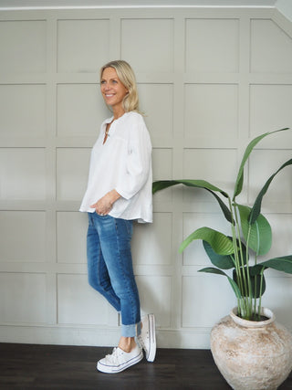 Dominique Linen Blouse with Round Neck and Cropped Sleeves - Coral, Navy Blue, Oatmeal, Pale Pink, Sky Blue, White