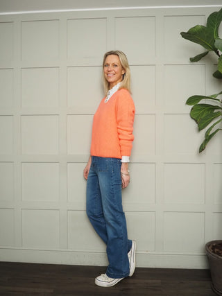 Sissie V Neck Jumper - Hot Coral, Sky Blue