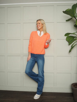 Sissie V Neck Jumper - Hot Coral, Sky Blue