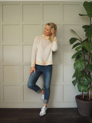 Edna Turtle Neck Jumper with Leopard Print Detail - Camel, Ecru and Grey