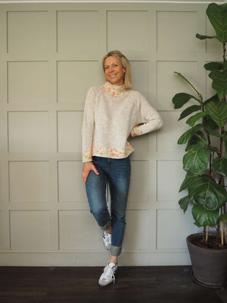 Edna Turtle Neck Jumper with Leopard Print Detail - Camel, Ecru and Grey