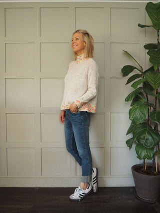 Edna Turtle Neck Jumper with Leopard Print Detail - Camel, Ecru and Grey