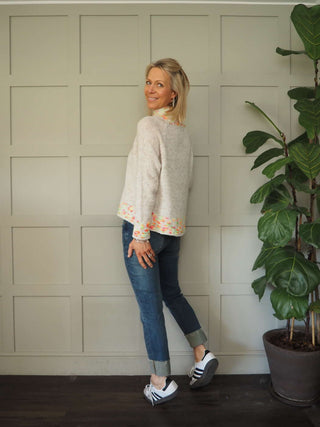 Edna Turtle Neck Jumper with Leopard Print Detail - Camel, Ecru and Grey