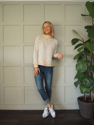 Edna Turtle Neck Jumper with Leopard Print Detail - Camel, Ecru and Grey