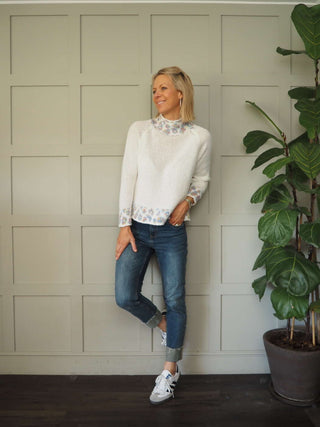 Edna Turtle Neck Jumper with Leopard Print Detail - Camel, Ecru and Grey