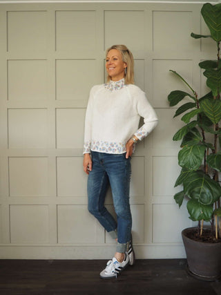 Edna Turtle Neck Jumper with Leopard Print Detail - Camel, Ecru and Grey