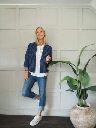 Lottie Stripe Cotton Jacket with Pockets - Navy Blue, Stone