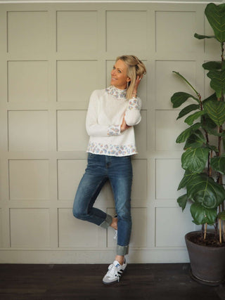 Edna Turtle Neck Jumper with Leopard Print Detail - Camel, Ecru and Grey