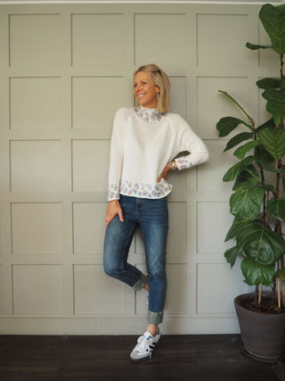 Edna Turtle Neck Jumper with Leopard Print Detail - Camel, Ecru and Grey