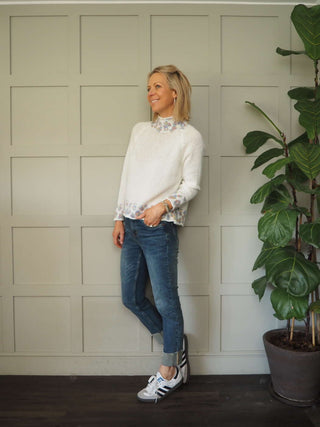 Edna Turtle Neck Jumper with Leopard Print Detail - Camel, Ecru and Grey