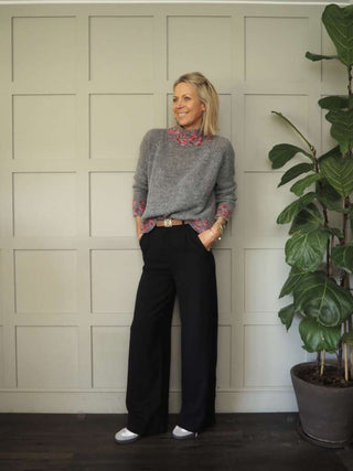 Edna Turtle Neck Jumper with Leopard Print Detail - Camel, Ecru and Grey