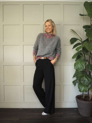 Edna Turtle Neck Jumper with Leopard Print Detail - Camel, Ecru and Grey