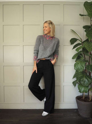 Edna Turtle Neck Jumper with Leopard Print Detail - Camel, Ecru and Grey