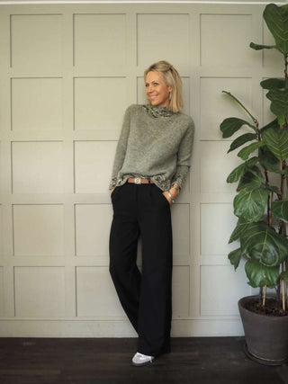 Edna Turtle Neck Jumper with Leopard Print Detail - Camel, Ecru and Grey