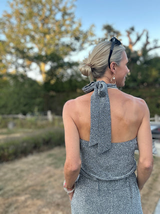 Caro Sleeveless, Wide Leg, Halter Neck Jumpsuit with Low Back - Black and Lurex: Black, Gold, Silver