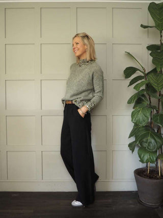 Edna Turtle Neck Jumper with Leopard Print Detail - Camel, Ecru and Grey