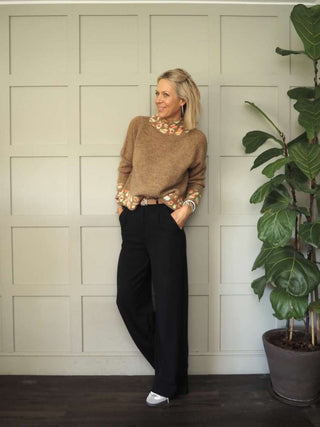 Edna Turtle Neck Jumper with Leopard Print Detail - Camel, Ecru and Grey