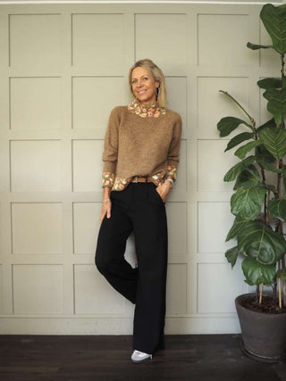 Edna Turtle Neck Jumper with Leopard Print Detail - Camel, Ecru and Grey