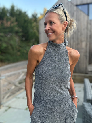 Caro Sleeveless, Wide Leg, Halter Neck Jumpsuit with Low Back - Black and Lurex: Black, Gold, Silver
