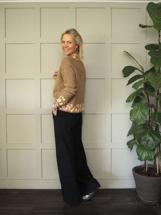 Edna Turtle Neck Jumper with Leopard Print Detail - Camel, Ecru and Grey