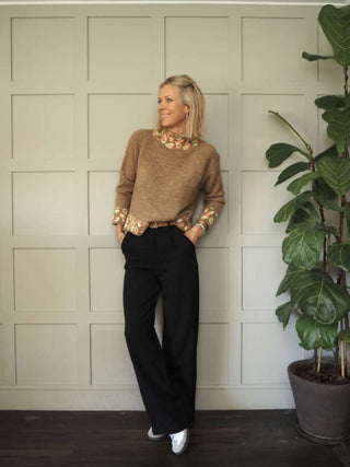 Edna Turtle Neck Jumper with Leopard Print Detail - Camel, Ecru and Grey
