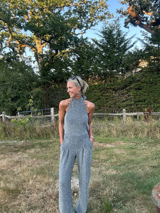 Caro Sleeveless, Wide Leg, Halter Neck Jumpsuit with Low Back - Black and Lurex: Black, Gold, Silver