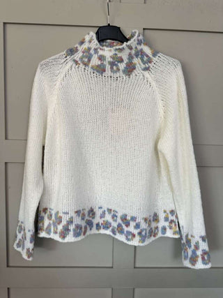 Edna Turtle Neck Jumper with Leopard Print Detail - Camel, Ecru and Grey