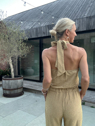 Caro Sleeveless, Wide Leg, Halter Neck Jumpsuit with Low Back - Black and Lurex: Black, Gold, Silver