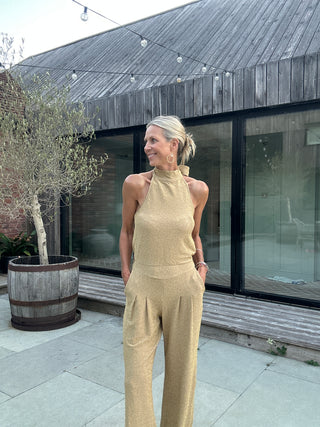 Caro Sleeveless, Wide Leg, Halter Neck Jumpsuit with Low Back - Black and Lurex: Black, Gold, Silver