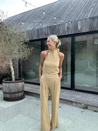 Caro Sleeveless, Wide Leg, Halter Neck Jumpsuit with Low Back - Black and Lurex: Black, Gold, Silver