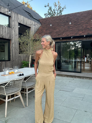 Caro Sleeveless, Wide Leg, Halter Neck Jumpsuit with Low Back - Black and Lurex: Black, Gold, Silver