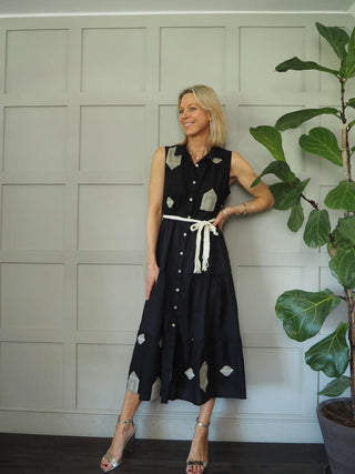 Cassie Cotton Embroidered Dress with Shirt Collar &amp; Front Button Fastenings - Black, Off White