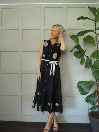 Cassie Cotton Embroidered Dress with Shirt Collar &amp; Front Button Fastenings - Black, Off White