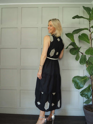 Cassie Cotton Embroidered Dress with Shirt Collar &amp; Front Button Fastenings - Black, Off White