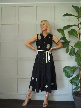 Cassie Cotton Embroidered Dress with Shirt Collar &amp; Front Button Fastenings - Black, Off White