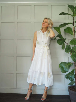 Cassie Cotton Embroidered Dress with Shirt Collar &amp; Front Button Fastenings - Black, Off White