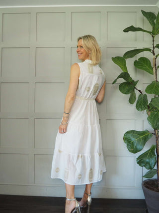 Cassie Cotton Embroidered Dress with Shirt Collar &amp; Front Button Fastenings - Black, Off White