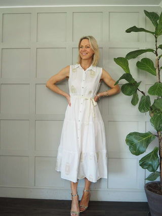 Cassie Cotton Embroidered Dress with Shirt Collar &amp; Front Button Fastenings - Black, Off White