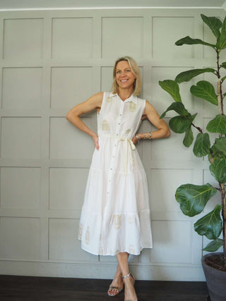 Cassie Cotton Embroidered Dress with Shirt Collar &amp; Front Button Fastenings - Black, Off White