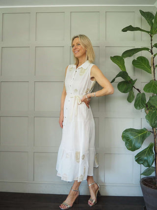 Cassie Cotton Embroidered Dress with Shirt Collar &amp; Front Button Fastenings - Black, Off White