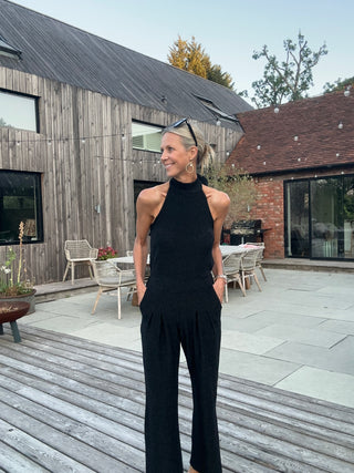Caro Sleeveless, Wide Leg, Halter Neck Jumpsuit with Low Back - Black and Lurex: Black, Gold, Silver
