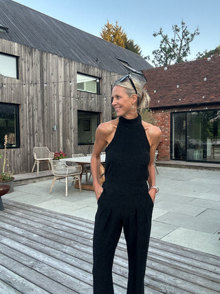 Caro Sleeveless, Wide Leg, Halter Neck Jumpsuit with Low Back - Black and Lurex: Black, Gold, Silver