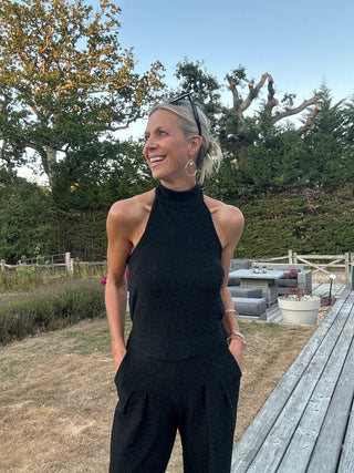 Caro Sleeveless, Wide Leg, Halter Neck Jumpsuit with Low Back - Black and Lurex: Black, Gold, Silver
